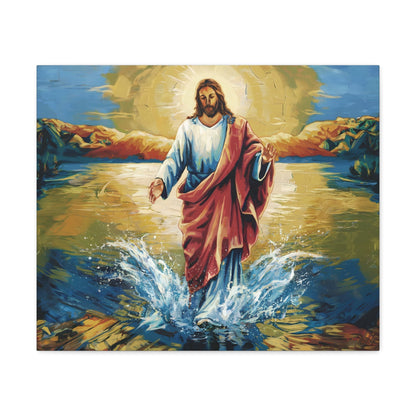 Jesus Christ walking on water painting, divine radiance, illuminated faith fine art wall print.