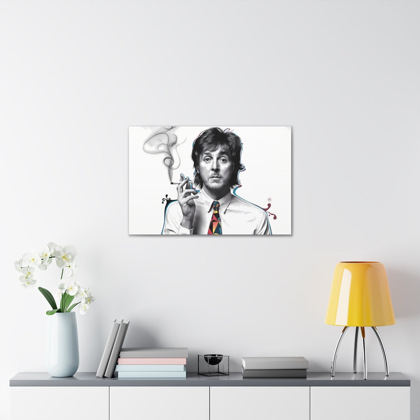 Paul McCartney Art canvas with surrealist portrait and geometric tie design.