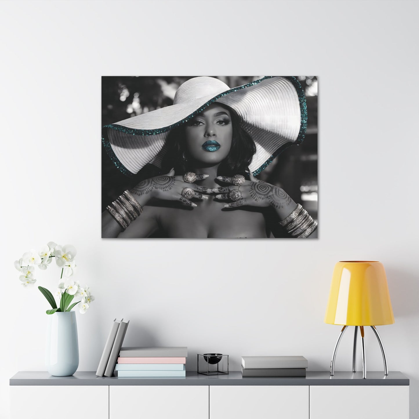 Black and White Vogue-style portrait gallery canvas wrap featuring a confident woman with blue glitter lipstick, intricate mendhi hand designs, and a wide-brimmed hat.