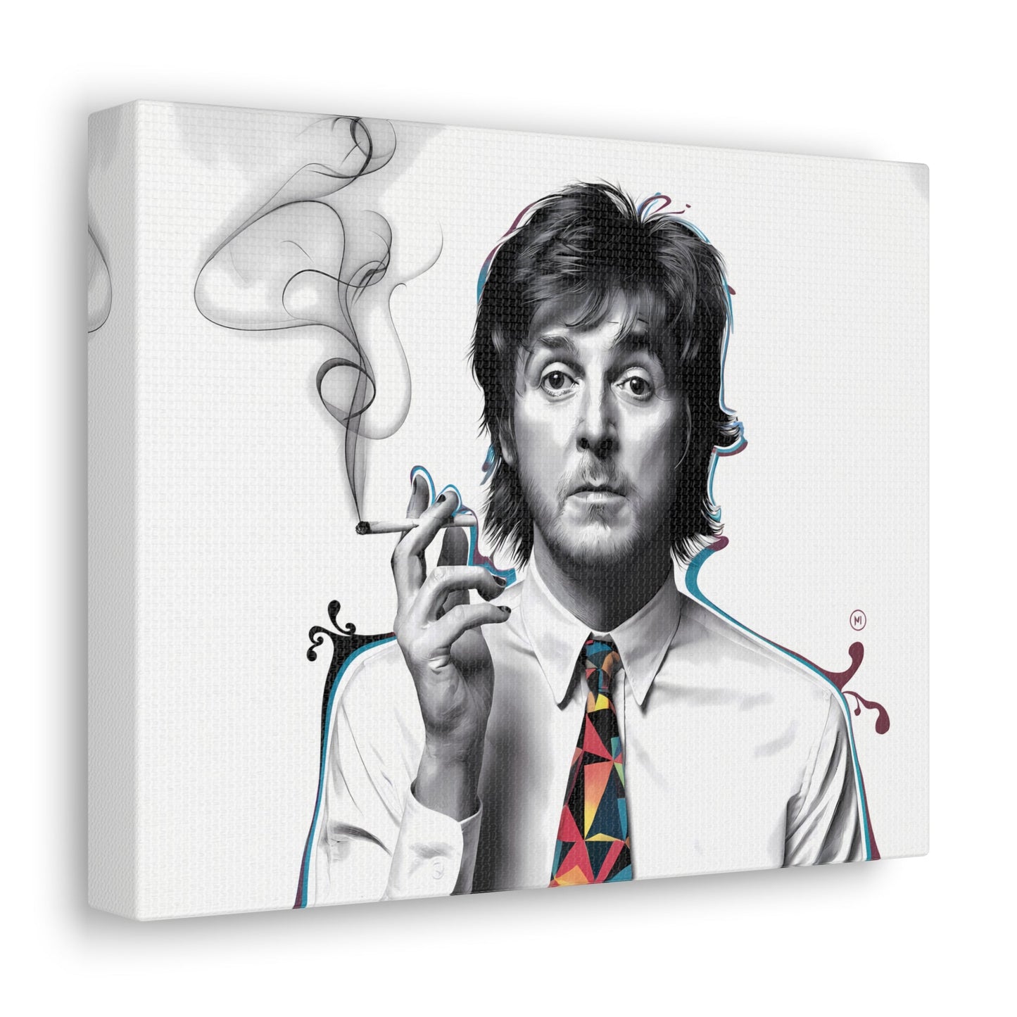 Surrealist Paul McCartney portrait with cigarette and geometric tie design on canvas gallery wrap.