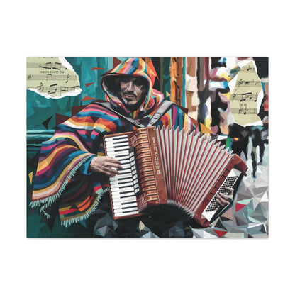 Vibrant accordion street art of a musical performer in a colorful poncho.