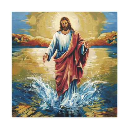 Jesus Christ Walking on Water Painting, vibrant fine art canvas, divine scenery, spiritual decor.