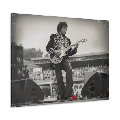 Vintage-Style Jimi HendrixVintage-Style Jimi Hendrix Performance Photo - Unique Black-and-White CanvasExperience the raw energy of Jimi Hendrix in this vintage-style black-and-white photo. This unique art print captures the iconic guitarist mid-performance, surrounde