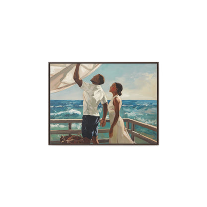 African American couple painting on coastal canvas with ocean waves.