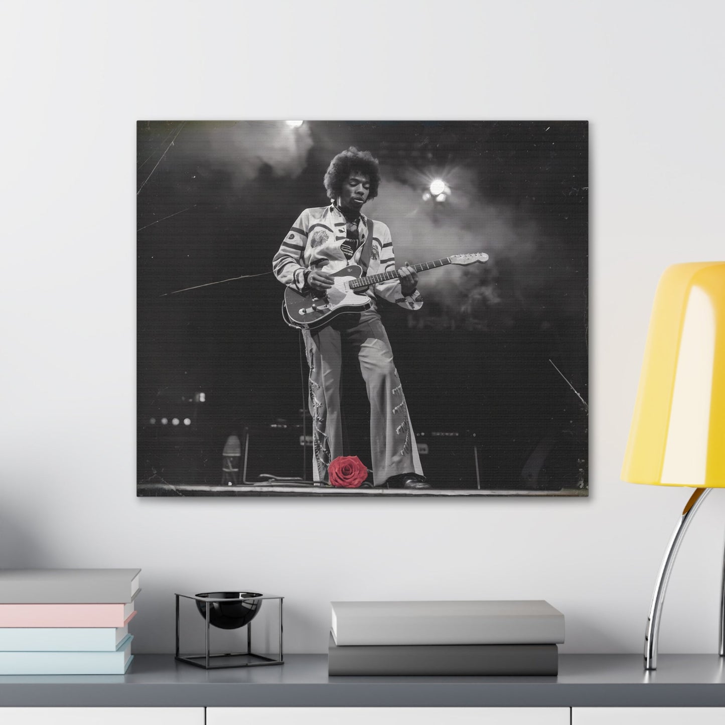 Jimi Hendrix Timeless Passion: Jimi Hendrix Vintage Performance | Canvas Gallery WrCanvasJimi Hendrix Vintage Photo Art - Black and White with Red Rose AccentExperience the raw energy of Jimi Hendrix through this unique vintage-style canvas. Bring the s