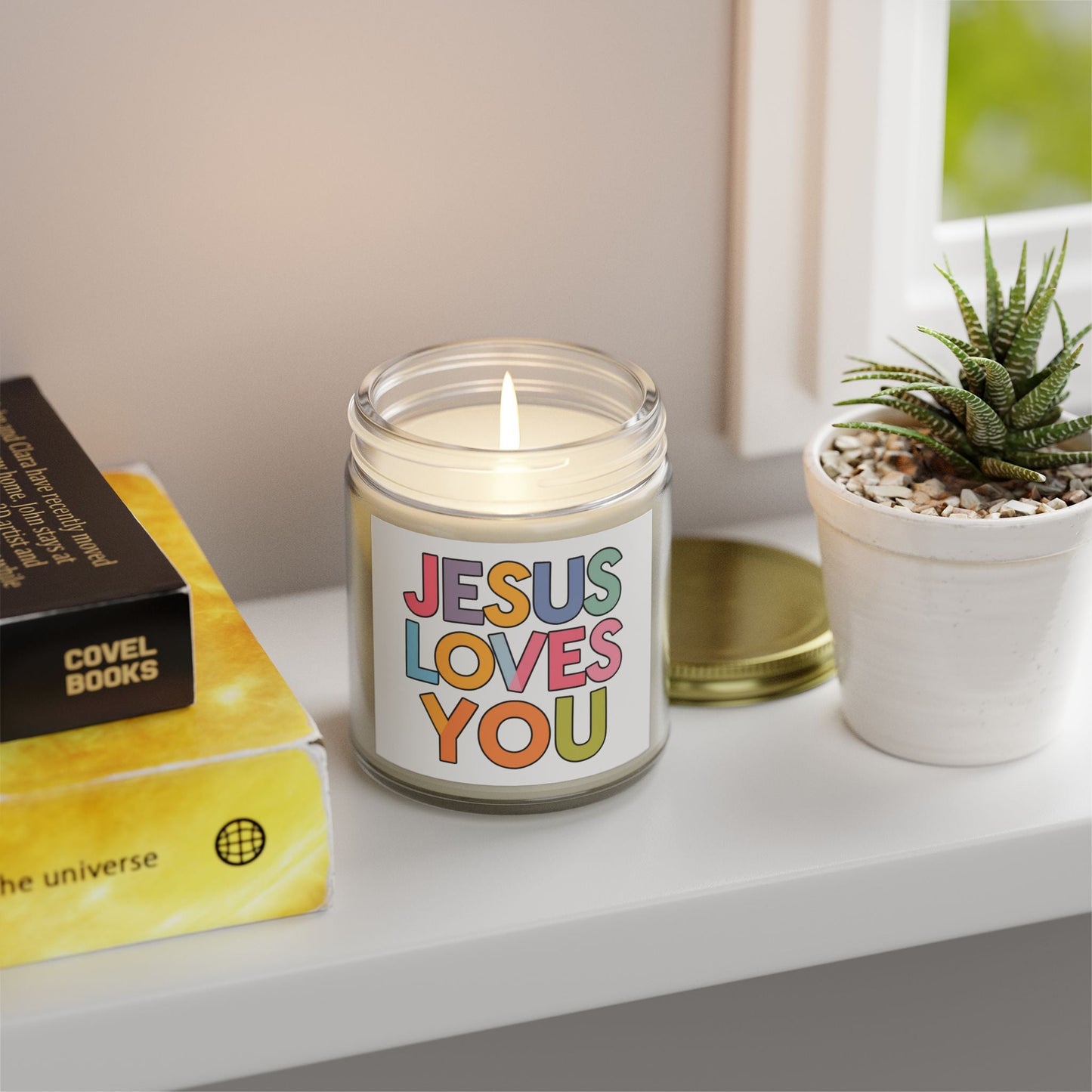 "JESUS LOVES YOU""JESUS LOVES YOU" Inspirational Christian Scented Candles, Coconut AprHome DecorIlluminate your space with the warm glow and comforting fragrance of our "JESUS LOVES YOU" scented candles. Handcrafted with premium coconut apricot wax, these candl