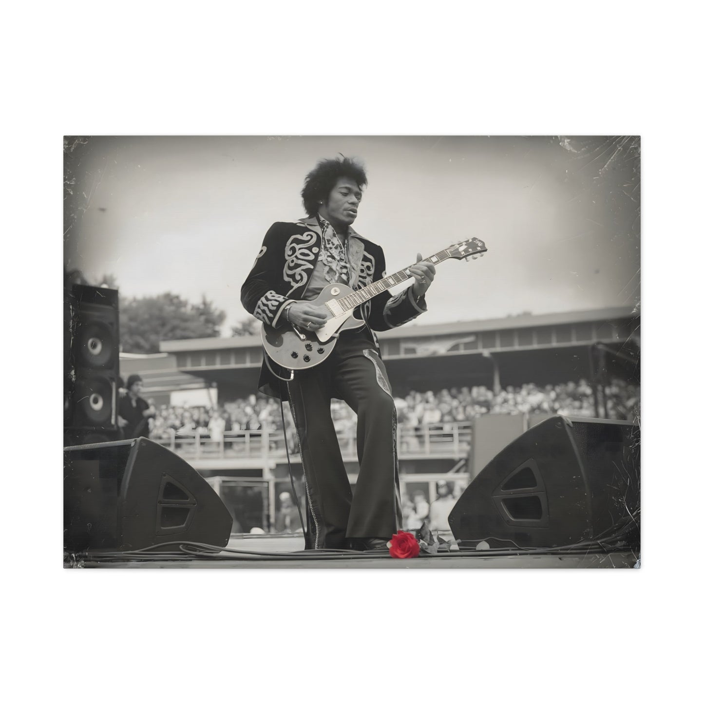 Vintage-Style Jimi HendrixVintage-Style Jimi Hendrix Performance Photo - Unique Black-and-White CanvasExperience the raw energy of Jimi Hendrix in this vintage-style black-and-white photo. This unique art print captures the iconic guitarist mid-performance, surrounde