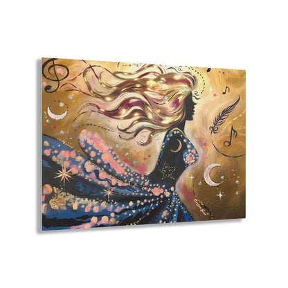 Abstract art of a cosmic woman with flowing golden hair, surrounded by stars and musical notes.