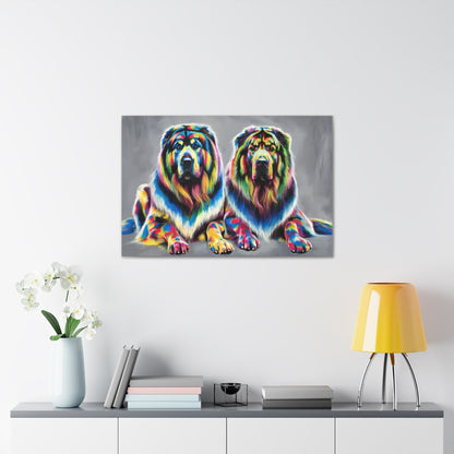 Colorful Tibetan Mastiff canvas wall art with rainbow hues displayed above a modern shelf.