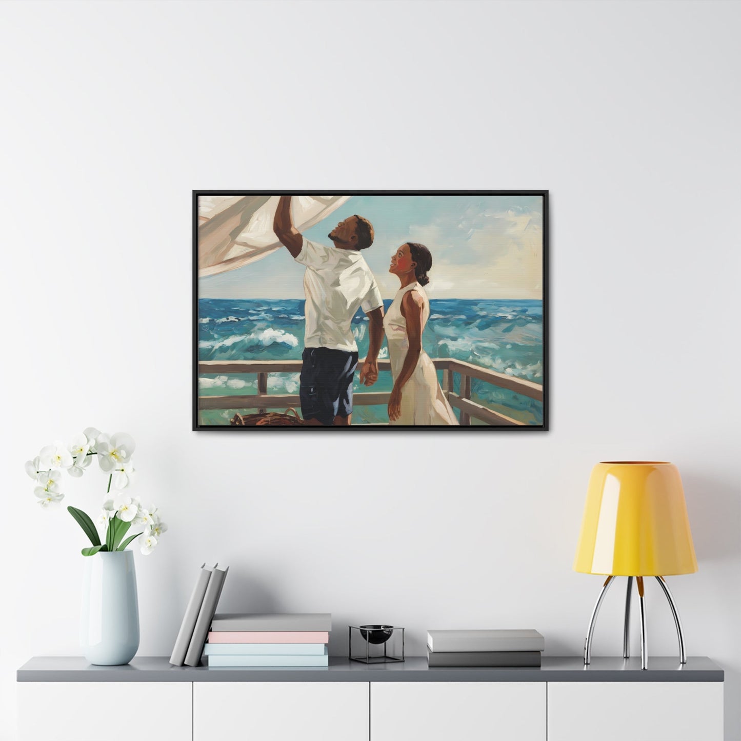 African American Couple Painting: Serene Coastal Gallery Canvas Wrap - Perfect Gift for Coastal Living Lovers