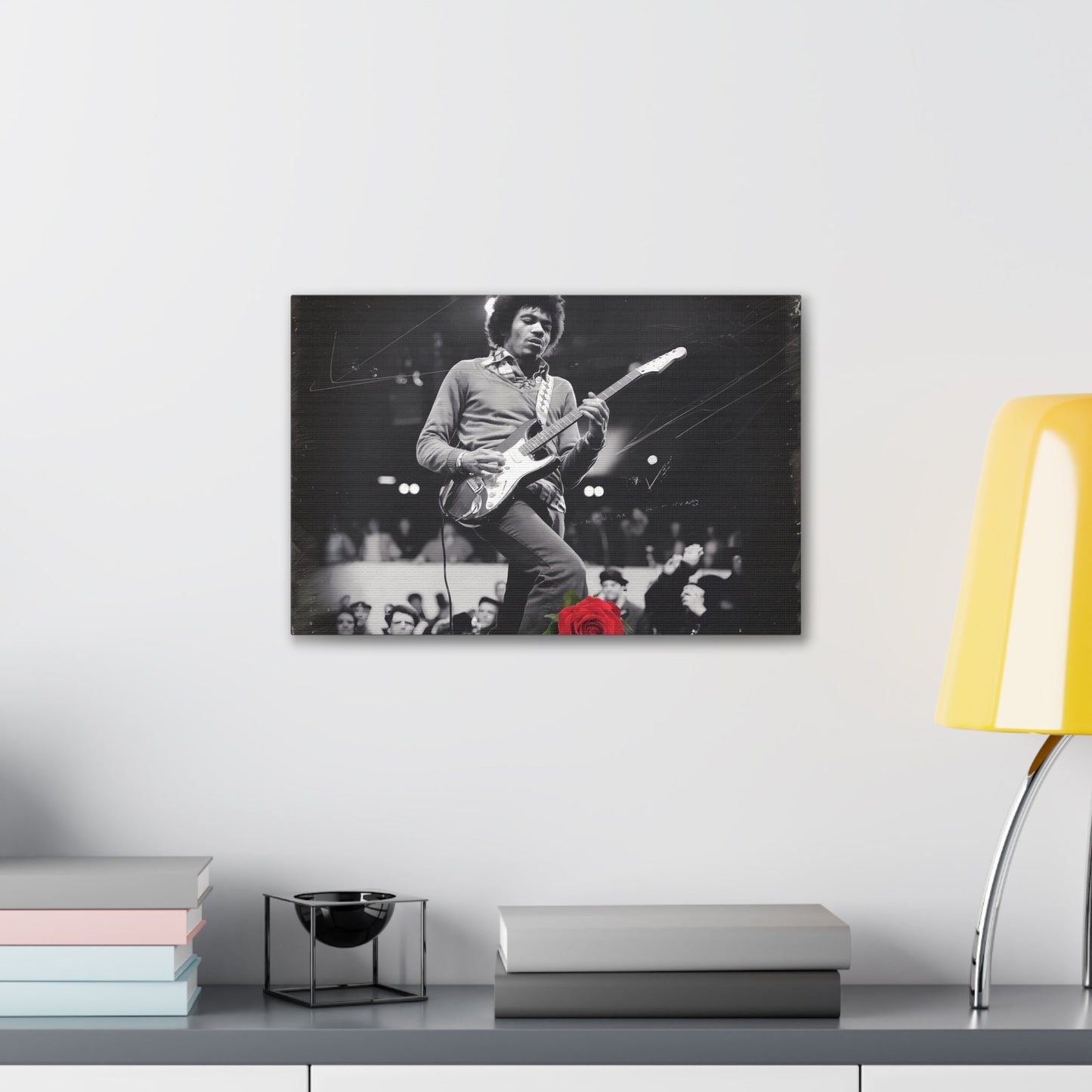 Jimi Hendrix Vintage PerformanceTimeless Passion: Jimi Hendrix Vintage Performance | Canvas Gallery WrCanvasJimi Hendrix Vintage Performance | Canvas Gallery Wrap | Iconic Rock Wall Art
Jimi Hendrix Vintage Photo Art - Black and White with Red Rose Accent
 Experience the r