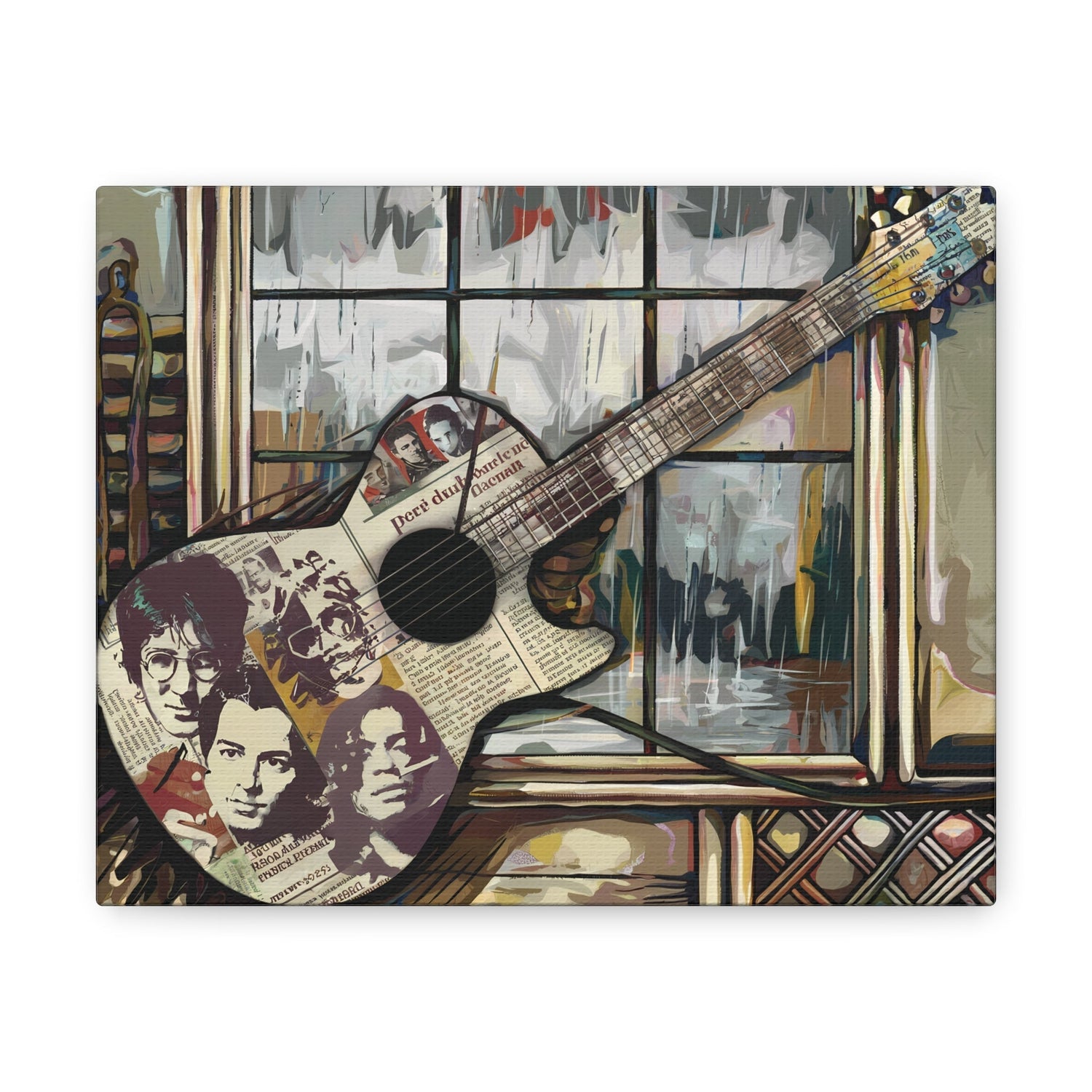 Abstract guitar collage canvas featuring rock and roll music icons; vintage rock and roll wall art.