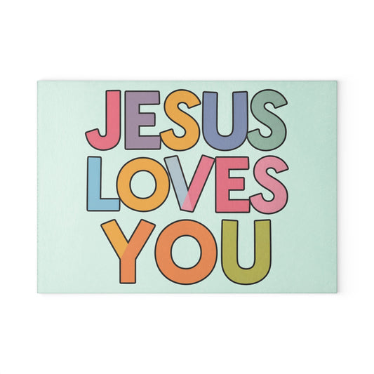 "JESUS LOVES YOU""JESUS LOVES YOU" Inspirational Christian Glass Cutting Board - ChristHome DecorElevate your kitchen with our stunning "JESUS LOVES YOU" glass cutting board. This beautiful and functional piece combines faith and practicality, making it perfect 