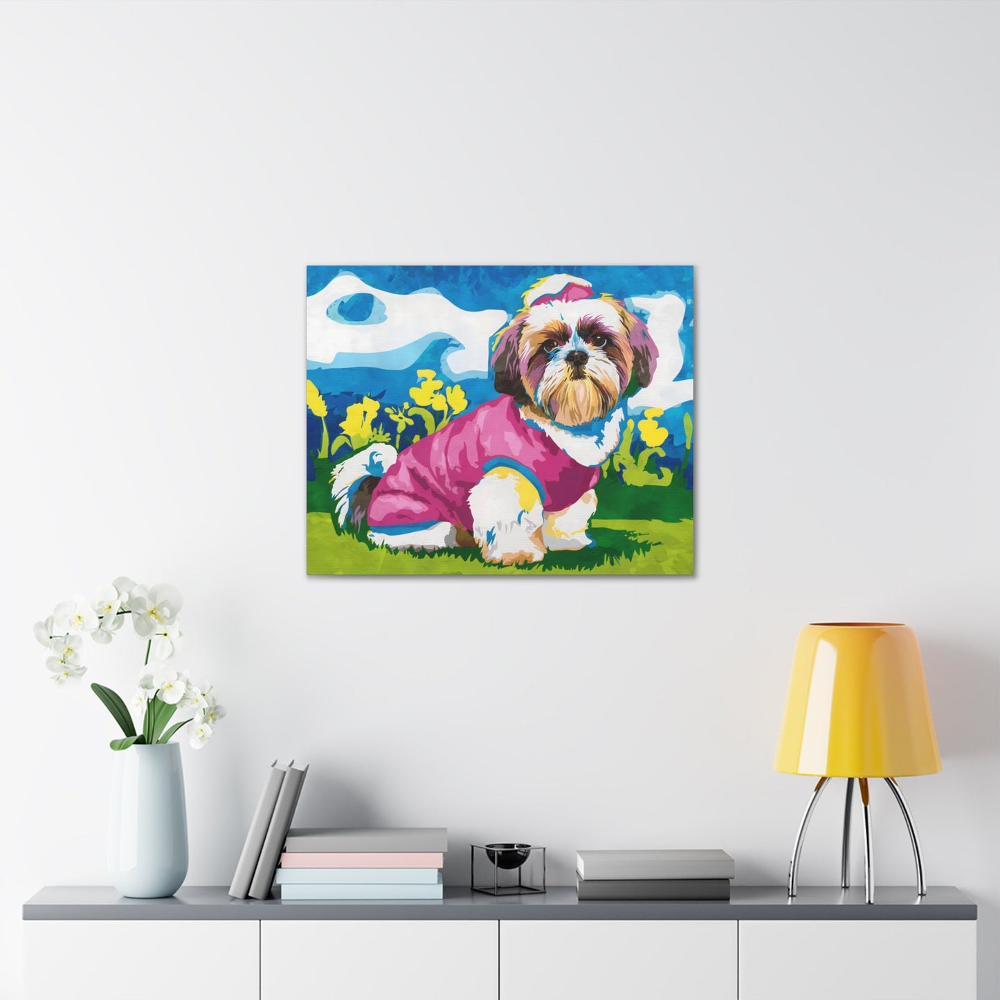 Shih Tzu Pop Art Canvas | "Curly-Sue" The Shuh Tzu Dog - Retro Watercolor Dog Art