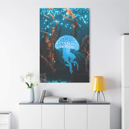 nullBioluminescent Underwater Scene | Luminescent Jellyfish | Matte CanvasCanvasTransform your space with this captivating high-resolution canvas print featuring a mesmerizing bioluminescent underwater scene. At the heart of this ethereal image 