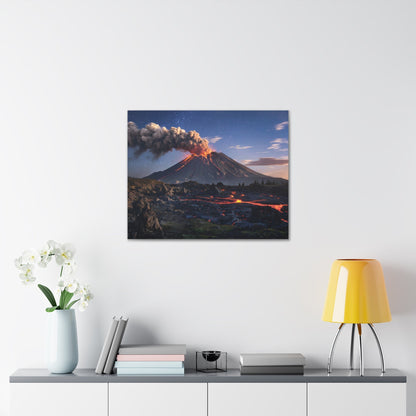 Dramatic volcano landscape canvas with glowing lava, ash plume, and starry night sky.