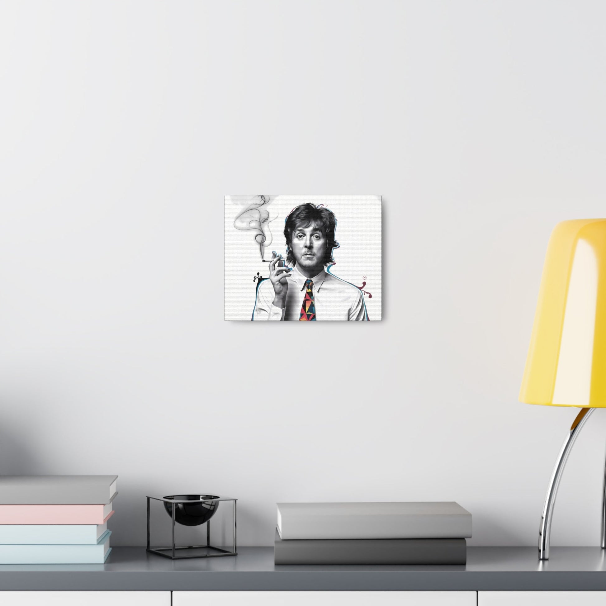 Paul McCartney surrealist portrait wall art with cigarette and geometric tie on canvas gallery wraps.