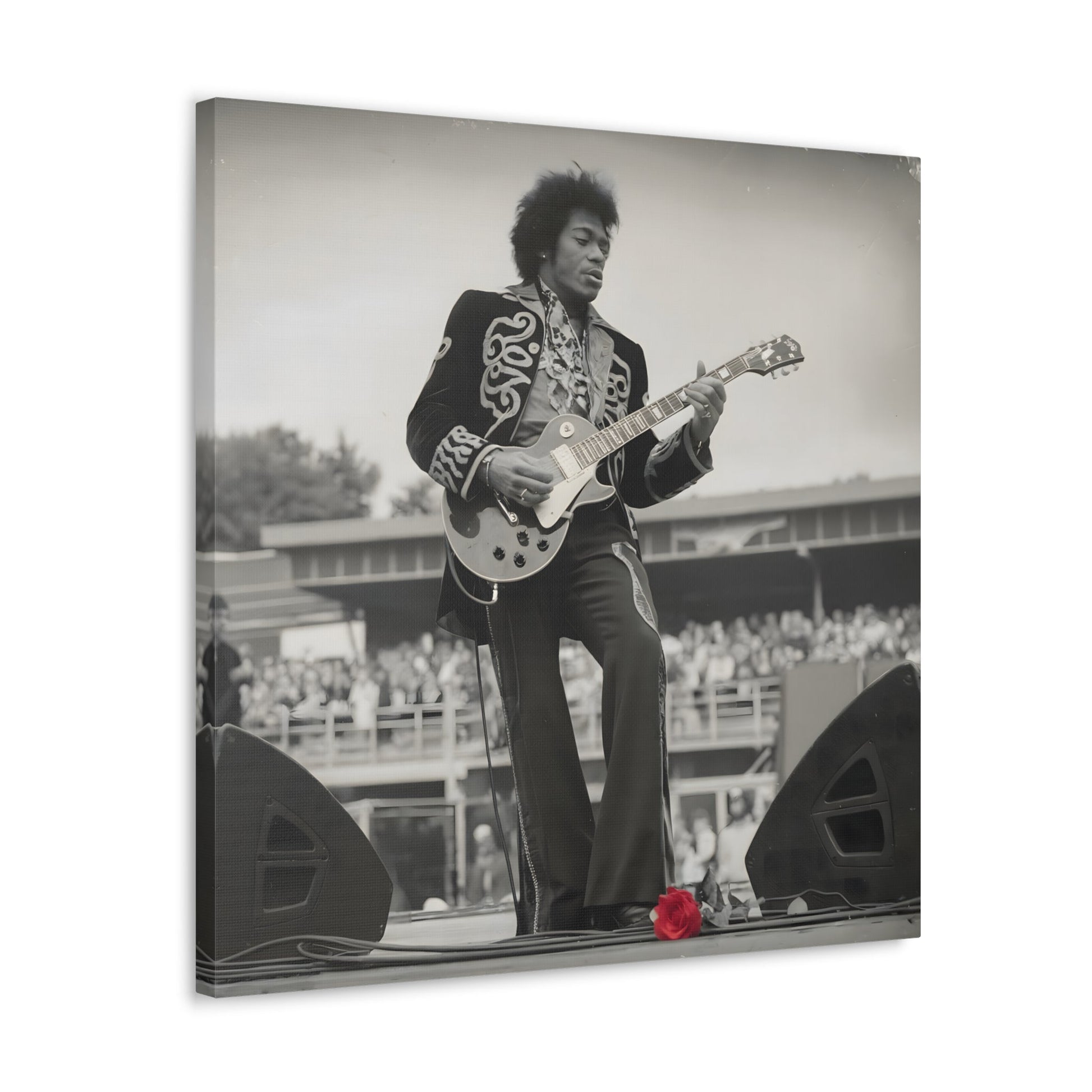 Vintage-Style Jimi HendrixVintage-Style Jimi Hendrix Performance Photo - Unique Black-and-White CanvasExperience the raw energy of Jimi Hendrix in this vintage-style black-and-white photo. This unique art print captures the iconic guitarist mid-performance, surrounde