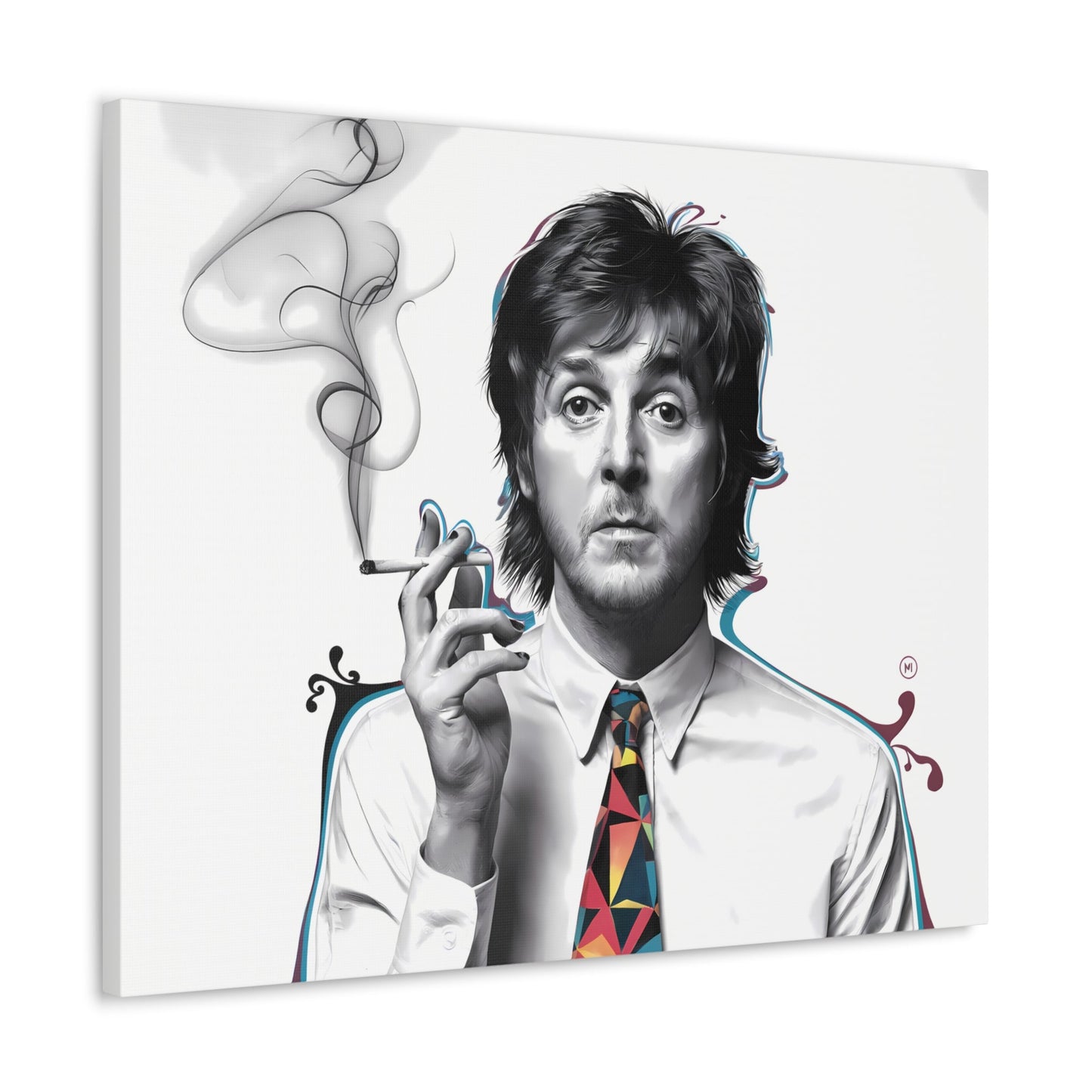 nullSurreal Paul McCartney Art | Dreamlike Portrait with Cigarette | Bold CanvasDiscover a surreal, dreamlike artwork of Paul McCartney smoking a cigarette, wearing a white shirt and bold geometric tie. Perfect for music and art lovers. Free shi