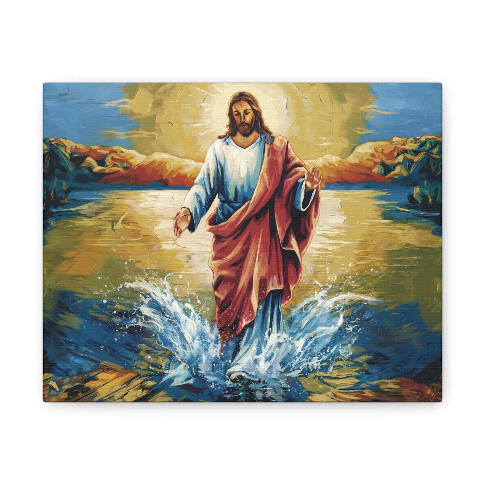 Jesus Christ walking on water painting, vibrant colors, divine radiance, faith-inspired wall art, canvas gallery wrap.