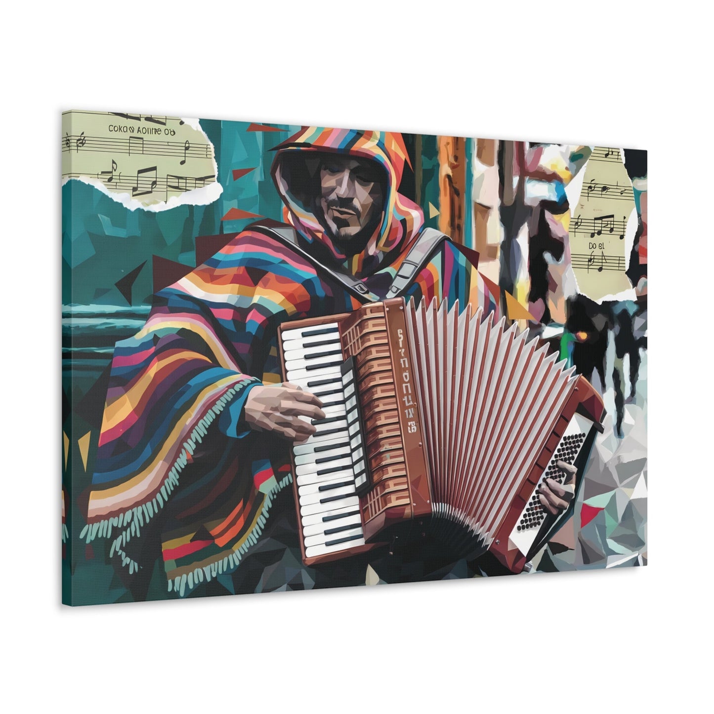 Vibrant accordion player street art canvas with multicolored strokes and collage details.