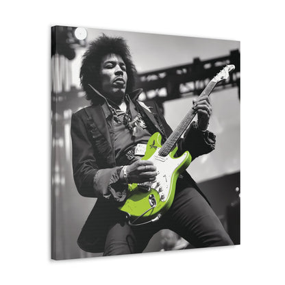 Monochrome Jimi Hendrix poster featuring neon green guitar, rock legend wall art.