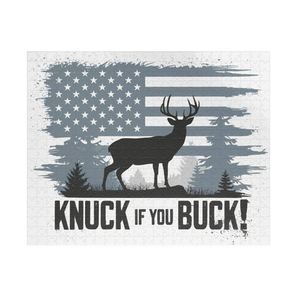 Hunting themed puzzle with "Knuck If You Buck" design, featuring a deer silhouette against an American flag backdrop.