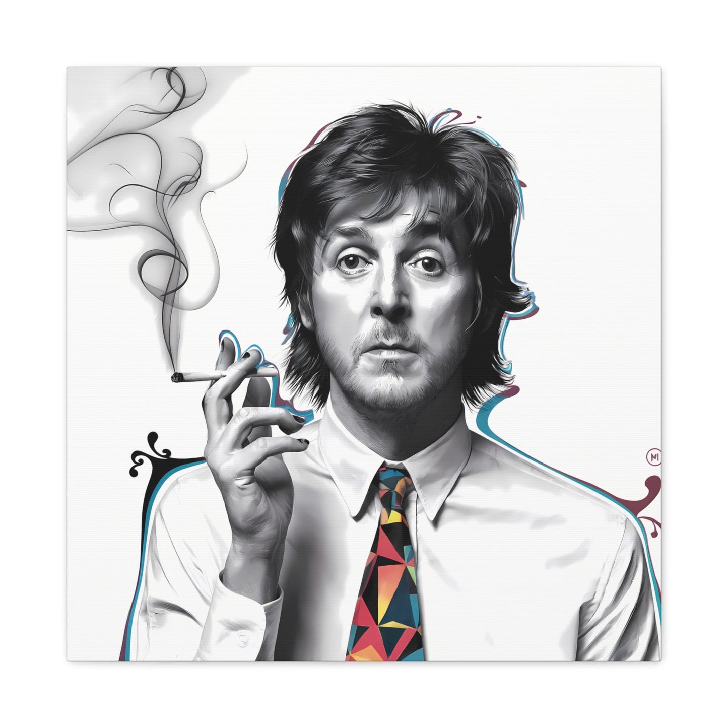 Surrealist portrait of Paul McCartney with cigarette and bold geometric tie design on canvas gallery wrap.