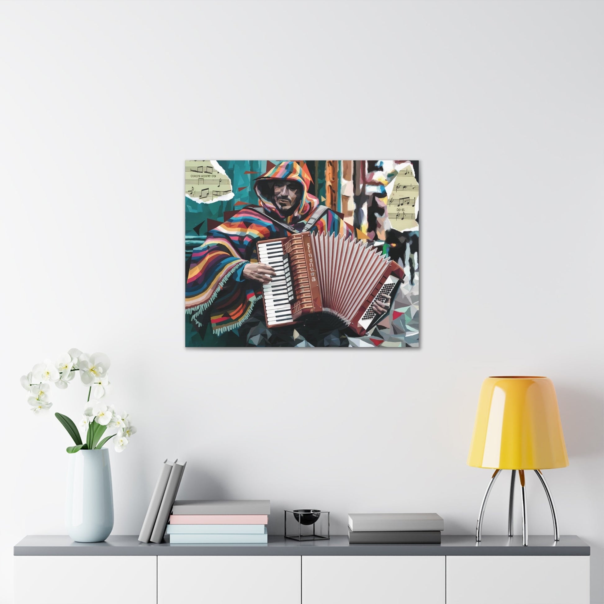 Vibrant accordion street performer canvas wall art with multicolored strokes.