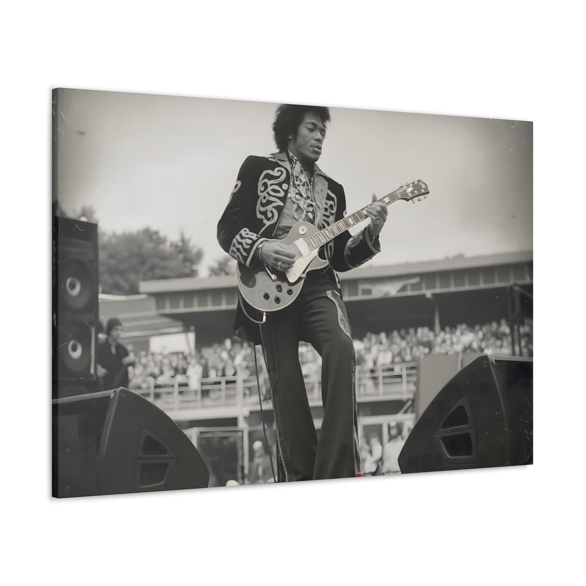 Vintage-Style Jimi HendrixVintage-Style Jimi Hendrix Performance Photo - Unique Black-and-White CanvasExperience the raw energy of Jimi Hendrix in this vintage-style black-and-white photo. This unique art print captures the iconic guitarist mid-performance, surrounde