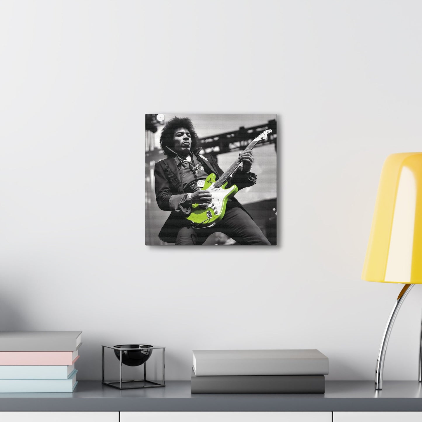 Jimi Hendrix playing guitar monochrome portrait with neon green guitar, rock legend wall art decor.