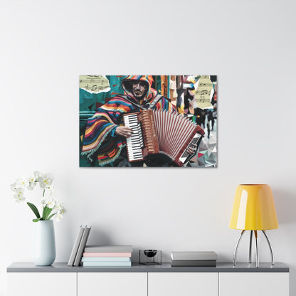 Vibrant accordion player street art canvas gallery wrap on wall.