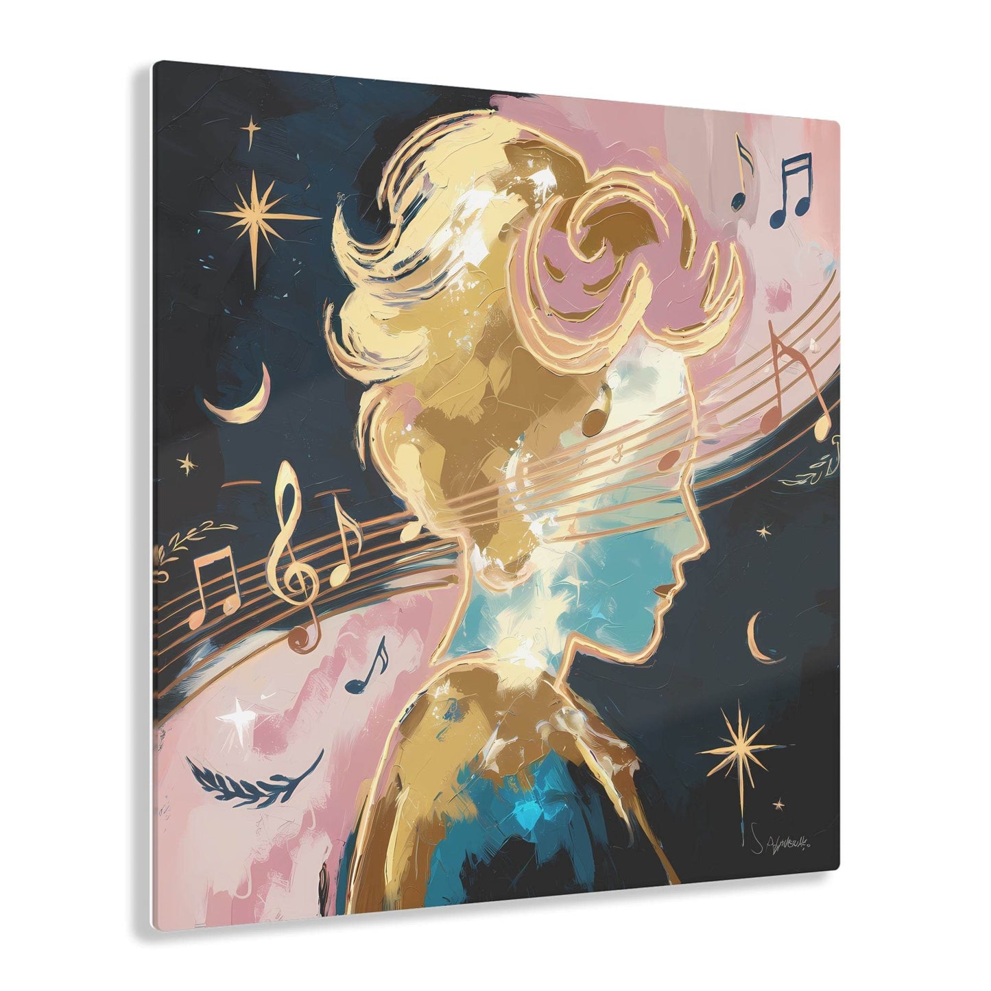 Abstract Portrait titled Dreams Of A Star, featuring musical notes and scales around a person, stars and crescent moons in the background, and an ethereal gold, blue, pink, and black color palette. Ideal as Cosmic Harmony Wall Art Decor in acrylic prints.