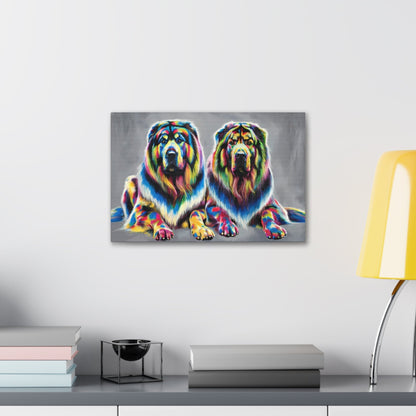 Rainbow Tibetan Mastiff canvas wall art with vibrant colors displayed in a modern living room.