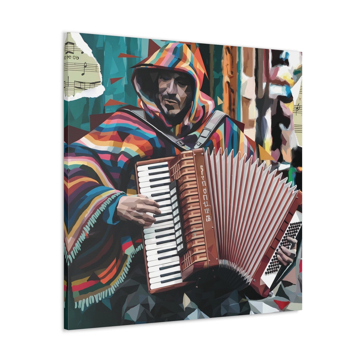 Vibrant accordion street performer art on colorful canvas gallery wrap.