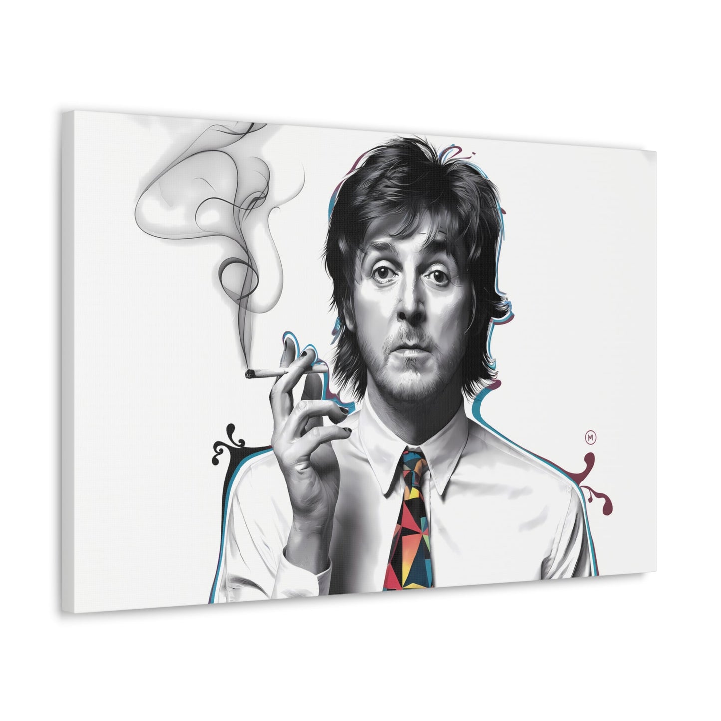 Surrealist Paul McCartney portrait with cigarette and geometric tie on canvas.