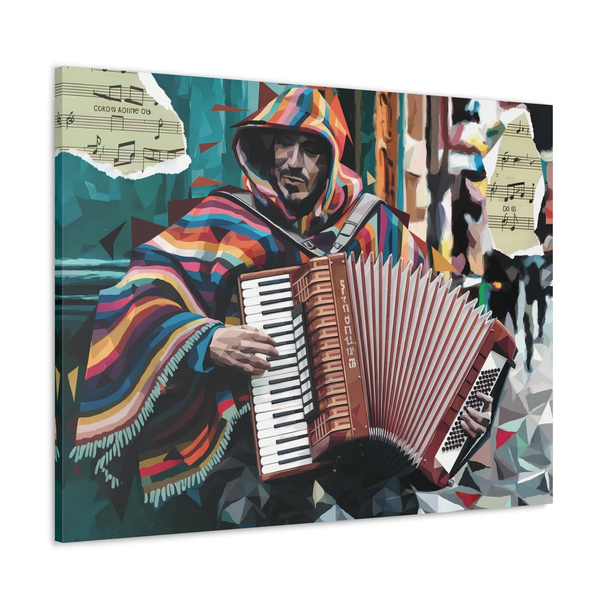 Vibrant accordion street performer art on teal background with multicolored elements.