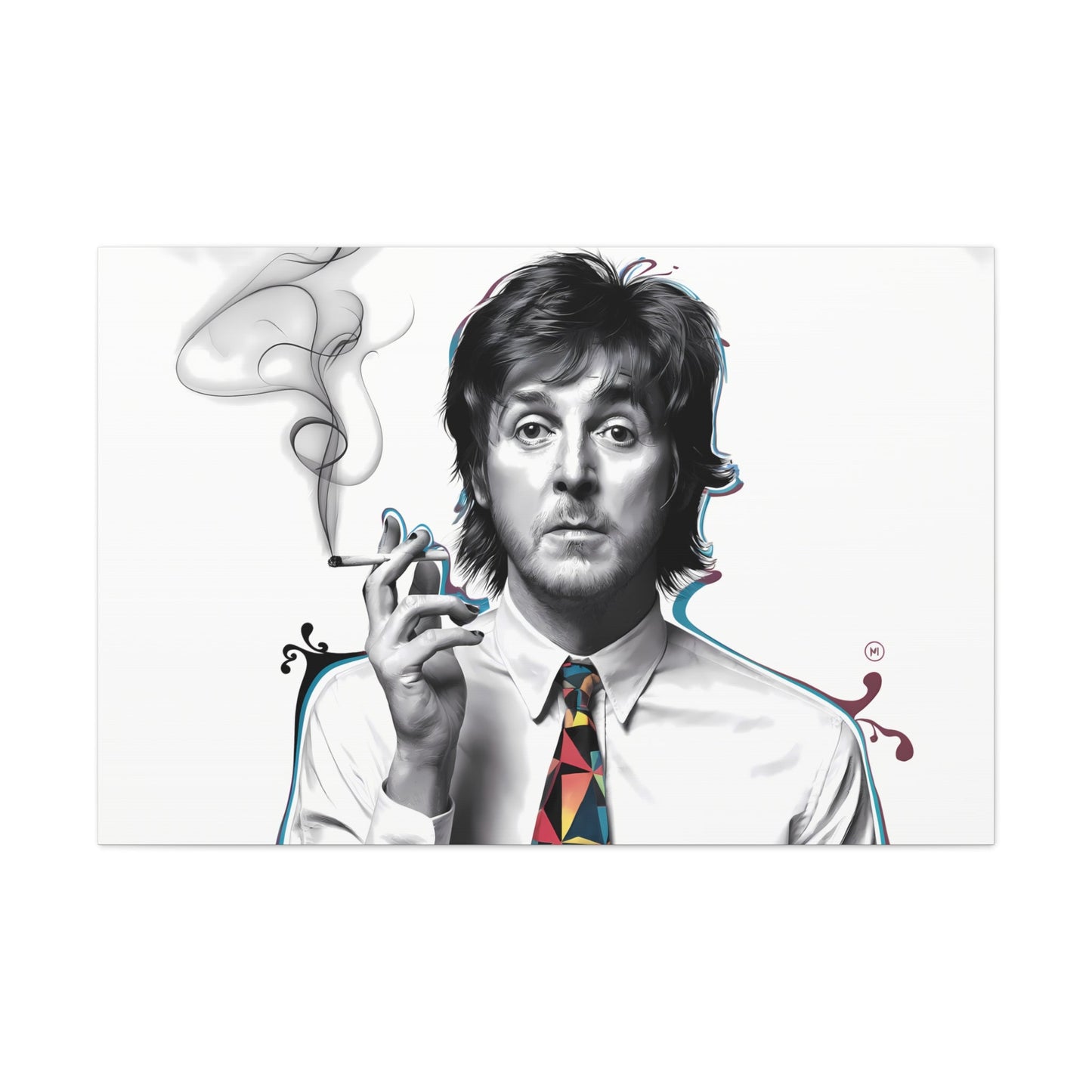 Surrealist Paul McCartney portrait on canvas with cigarette and geometric tie design.