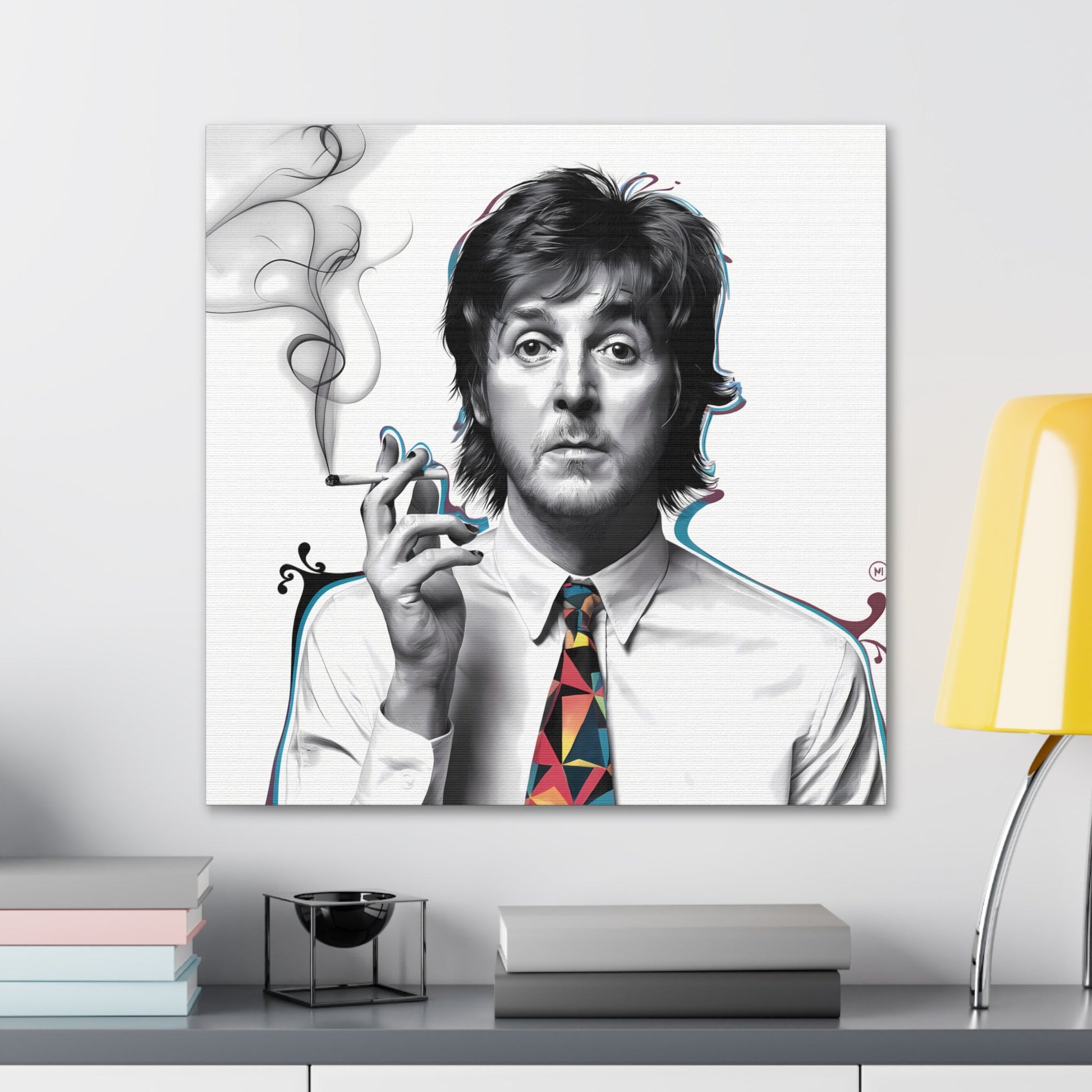 Surrealist Paul McCartney portrait with cigarette and geometric tie on canvas gallery wrap.