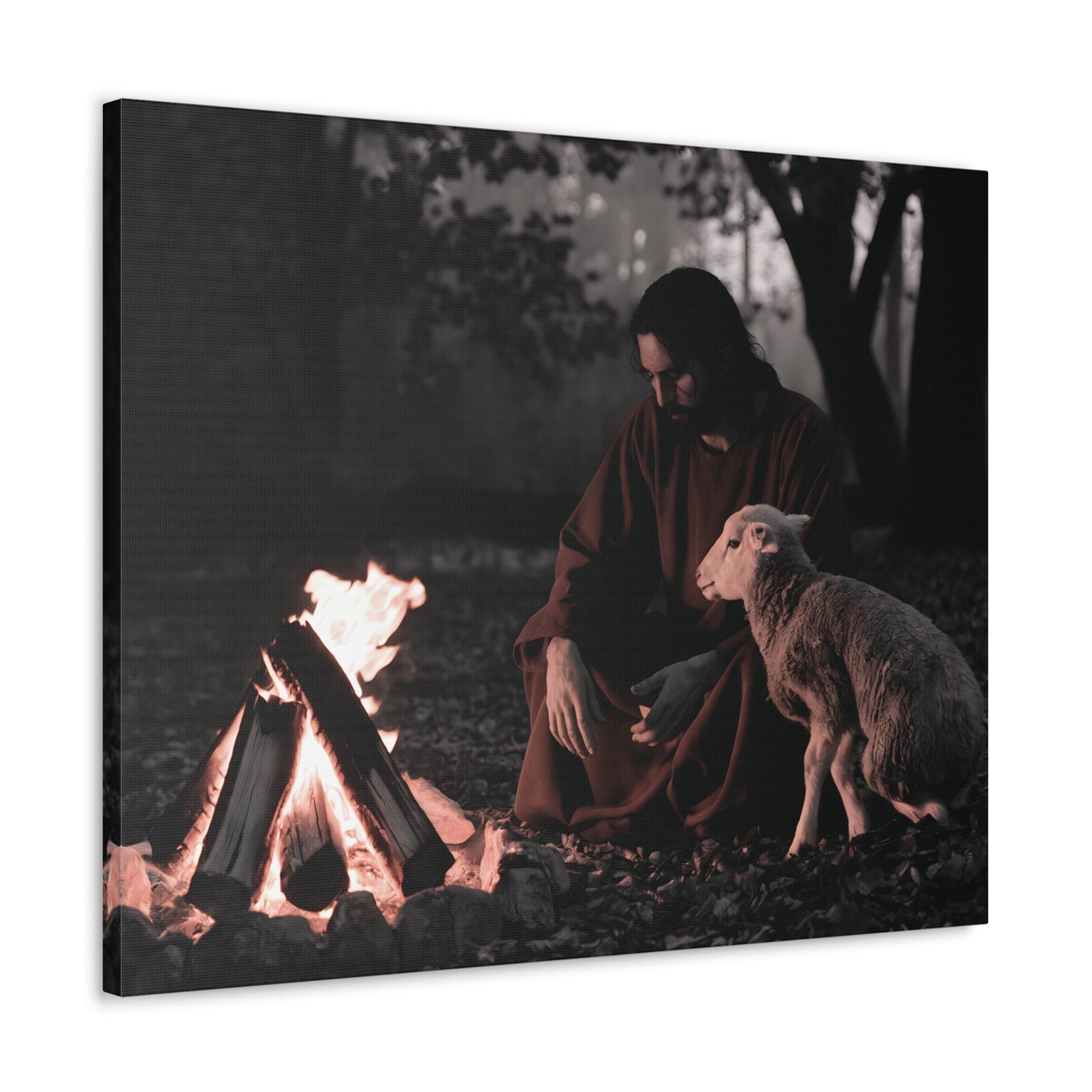 Jesus painting with lamb and sacred flame, Christian wall art decor, limited edition canvas.