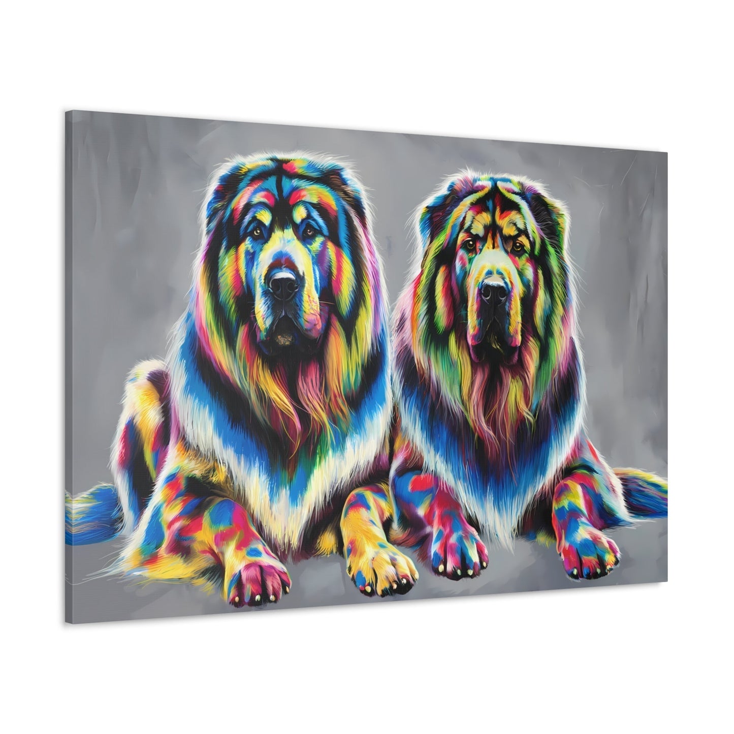 Rainbow Tibetan Mastiffs art on vibrant canvas, colorful dog portrait, gallery wraps.