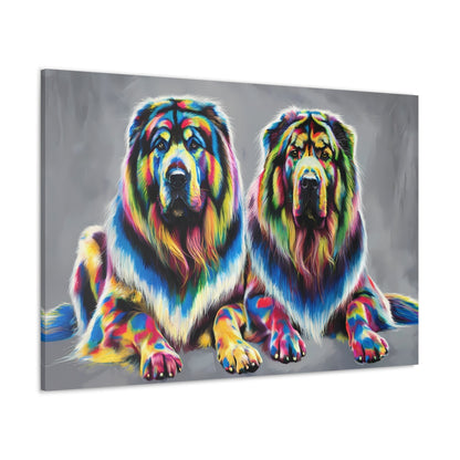 Rainbow Tibetan Mastiffs art on vibrant canvas, colorful dog portrait, gallery wraps.