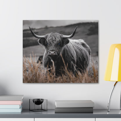 Majestic Highland Cow Canvas Print - 8K Cinematic Wall Art - Monochromatic Wall Art Print