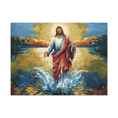 Jesus Christ walking on water painting with vibrant colors, radiant light, and divine presence on canvas gallery wrap.