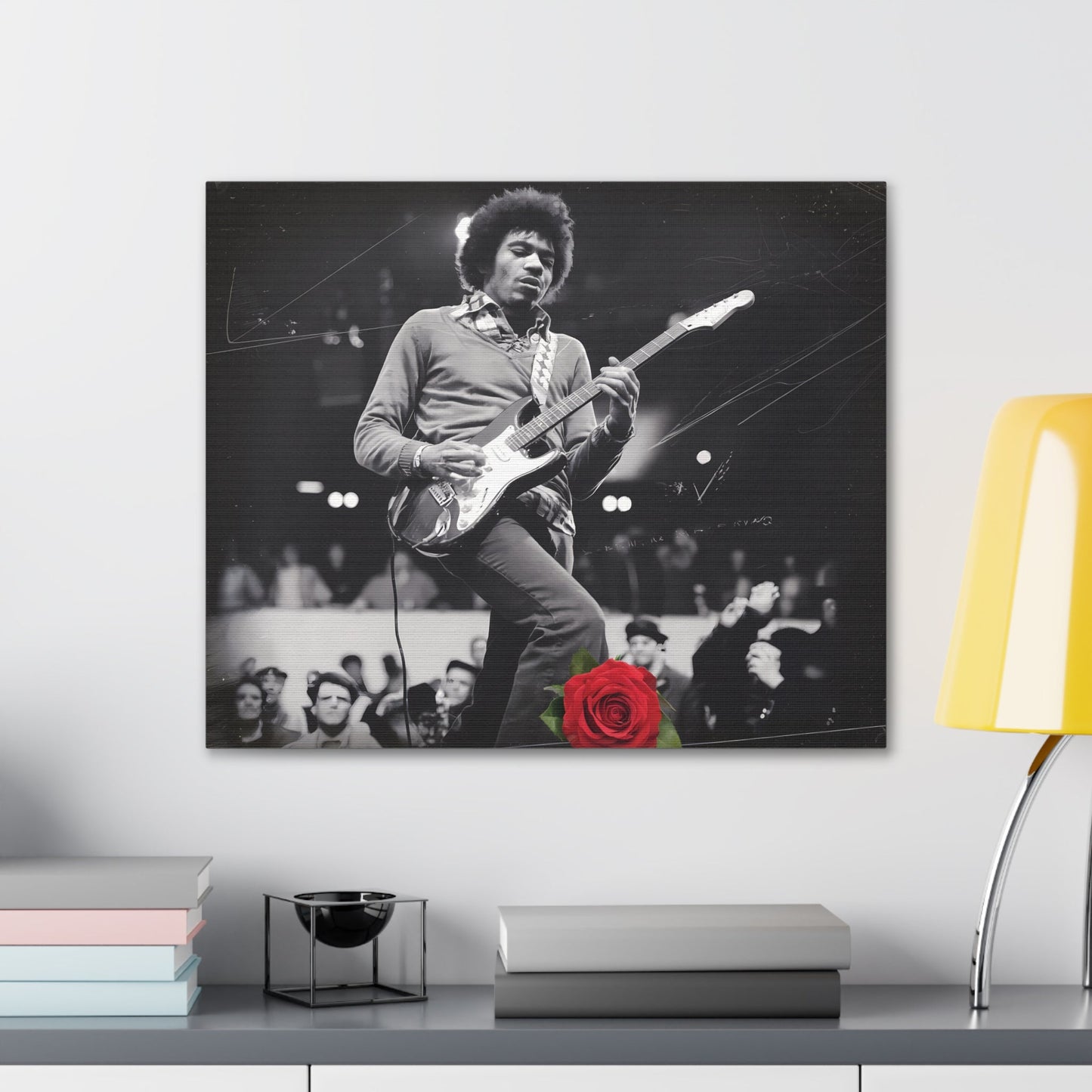 Jimi Hendrix Vintage PerformanceTimeless Passion: Jimi Hendrix Vintage Performance | Canvas Gallery WrCanvasJimi Hendrix Vintage Performance | Canvas Gallery Wrap | Iconic Rock Wall Art
Jimi Hendrix Vintage Photo Art - Black and White with Red Rose Accent
 Experience the r