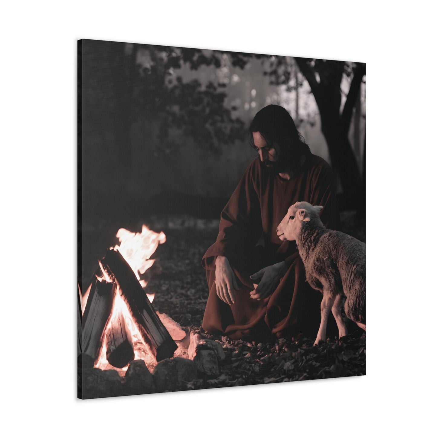 Limited edition Jesus painting featuring Jesus Christ with a lamb by a sacred flame, Christian wall art decor on canvas.