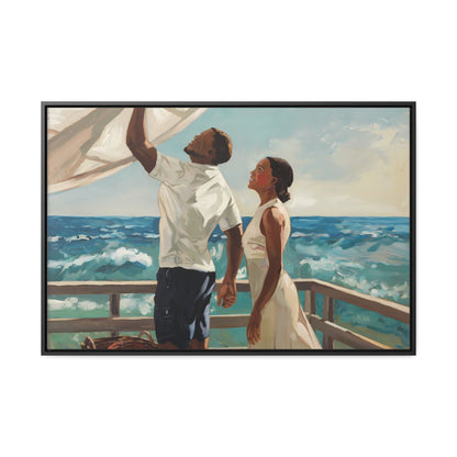 African American couple painting with serene coastal scene on canvas wrap, perfect for coastal decor.