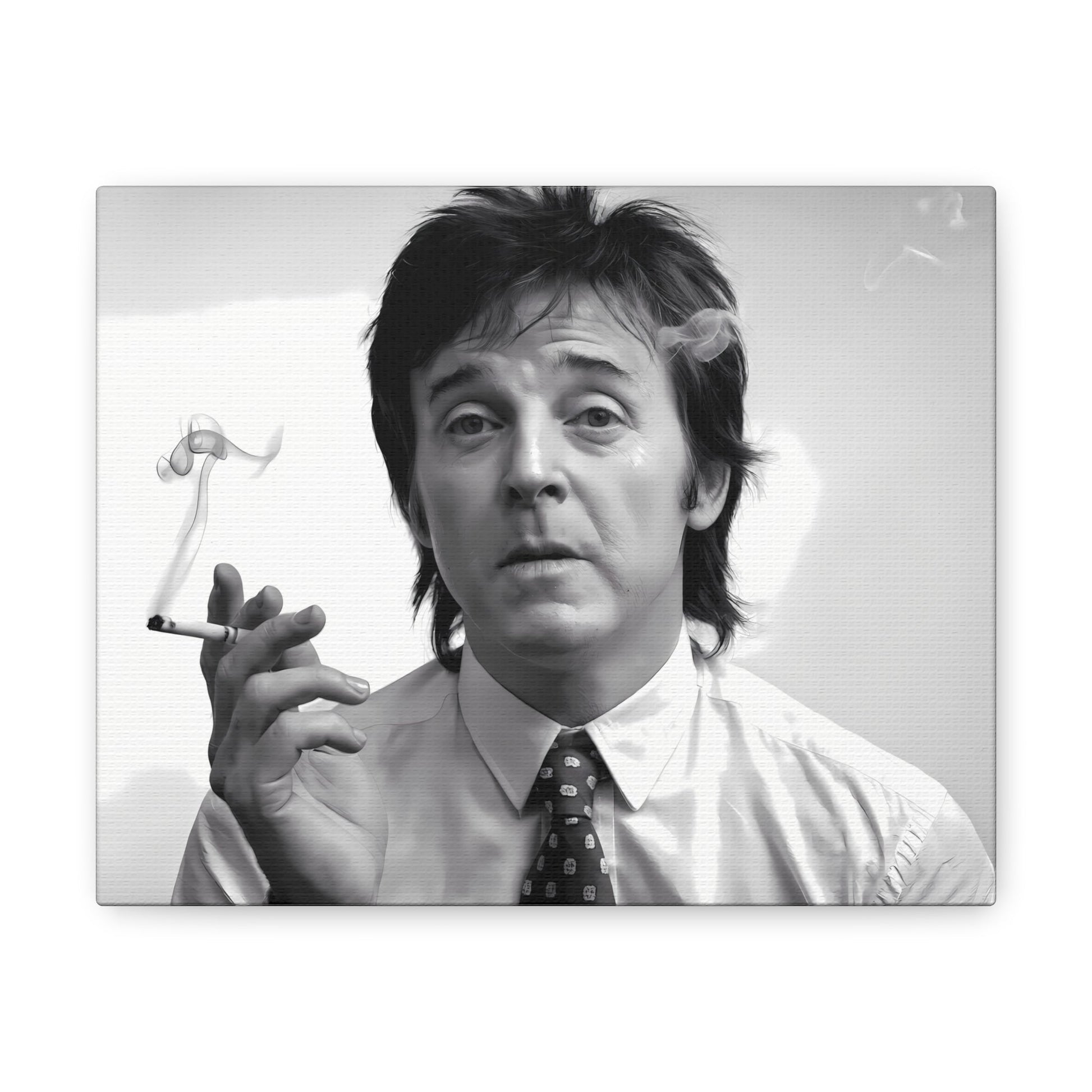 Paul McCartney black and white portrait with cigarette smoke, 1960s modern wall art.