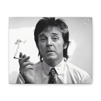 Paul McCartney black and white portrait with cigarette smoke, 1960s modern wall art.