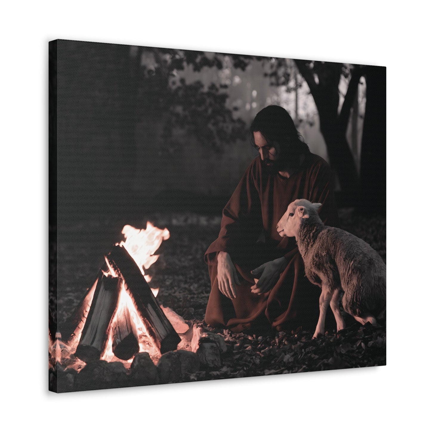 Limited edition Jesus painting with lamb and sacred flame, monochromatic art decor.